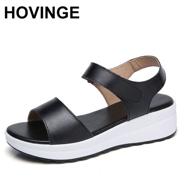 

hovinge 2020 summer women platform sandals women sandals wedge beach flip flops ladies high heels wedges genuine leather, Black