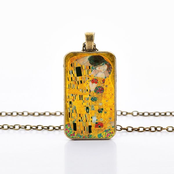 

classic gustav klimt the kiss painting glass dome necklace vintage antique gold rectangle pendant women men necklace jewelry, Silver