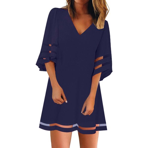 

women summer dress v neck mesh panel blouse 3/4 bell sleeve loose party mini dresses summer dress 2019 vestidos de verano, Black;gray