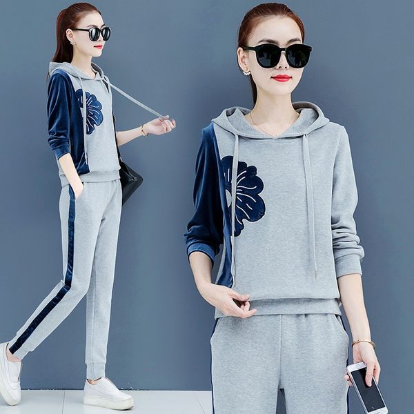 

autumn women sportswear tracksuit flower printed hooded hoodies sweatshirt+pant running jogging fitness outfit set sport suit, Black;blue