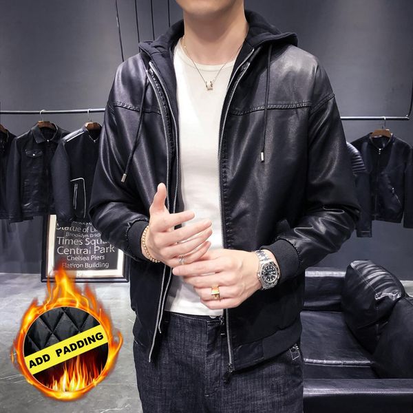 

gzdeerax hooded mens jackets luxury pu leather add padding mens jackets and coats solid color slim fit male coats plus size 5xl, Black