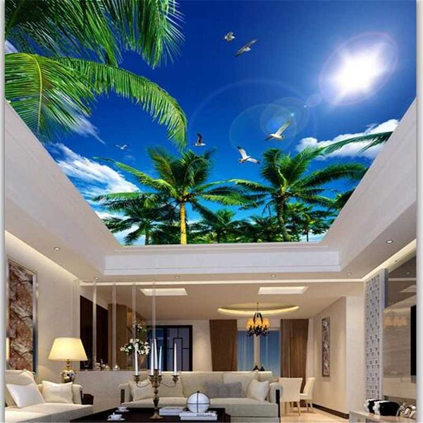 

mural custom wallpaper 3d coconut blue sky white clouds seagull ceiling wallpaper zenith living room papel de parede 3d 0