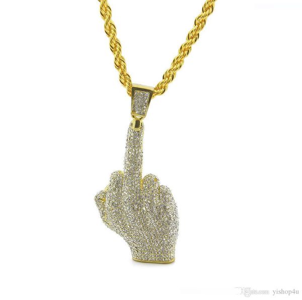 

mens hip hop full cz iced out middle finger gesture pendant necklace punk hand with 30'' long chain necklace bling bling fashion j, Silver