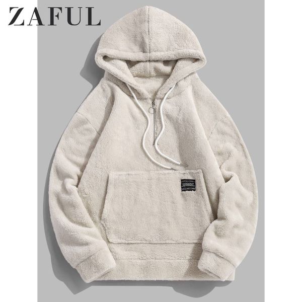 

zaful applique solid color faux fur half zipper drawstring hoodie plain raglan sleeve warm fluffy pullovers men sweatshirts, Black