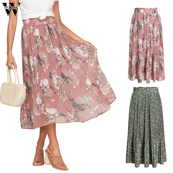 

womail women skirt bohe chiffon high waist floral flower print casual loose ladies pleated skirt spring summer korean holiday828, Black