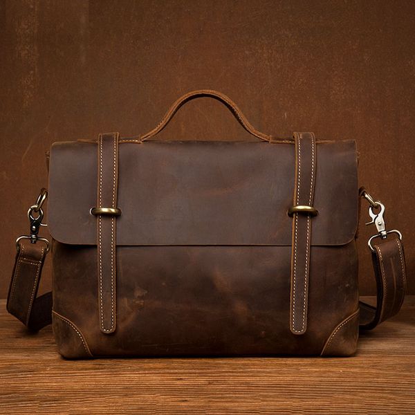 

new 2020 vintage men crazy horse genuine leather briefcases male shoulder cross body business bags students messenger satchels