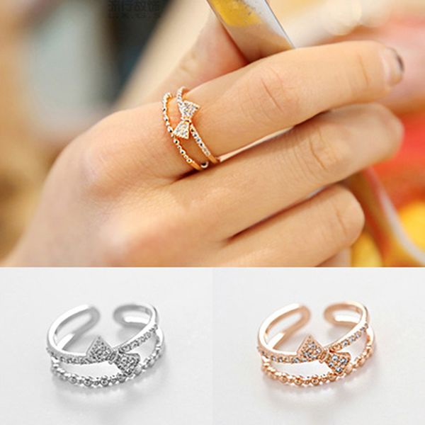 

korean star 925 sterling silver crystal bow rings for women men vintage antique finger rings girls gifts 2019, Slivery;golden