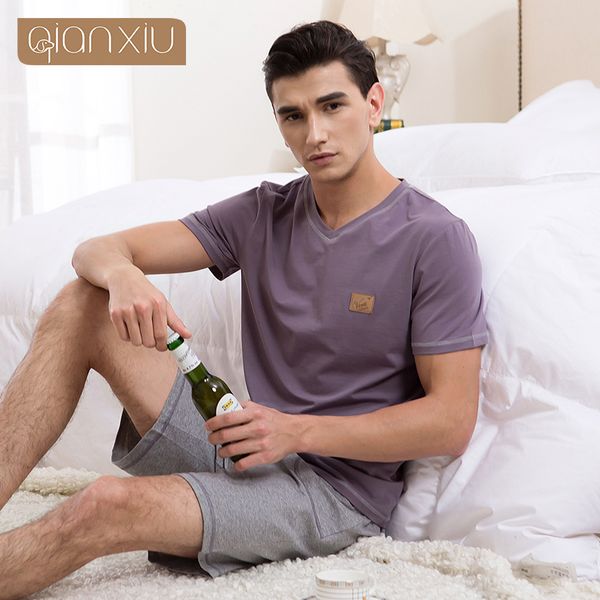 

2019 summer brand homewear men's casual pajama sets male short sleeve v-neck collar shirt & half pants men cotton sleepwear suit, Black;brown