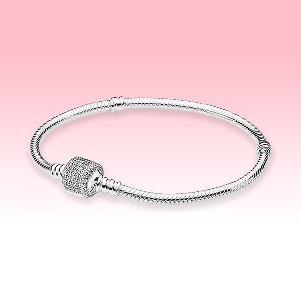 

cz diamond barrel shaped clasps bracelet 925 sterling silver jewelry for pandora sparkling pavÃ© clasp snake chain bracelet with original box, Black