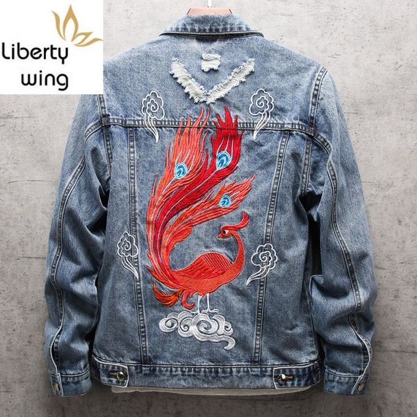 

harajuka phoenix embroidery mens denim jackets long sleeve single breasted lapel punk hole ripped male casual coats plus size, Black;brown