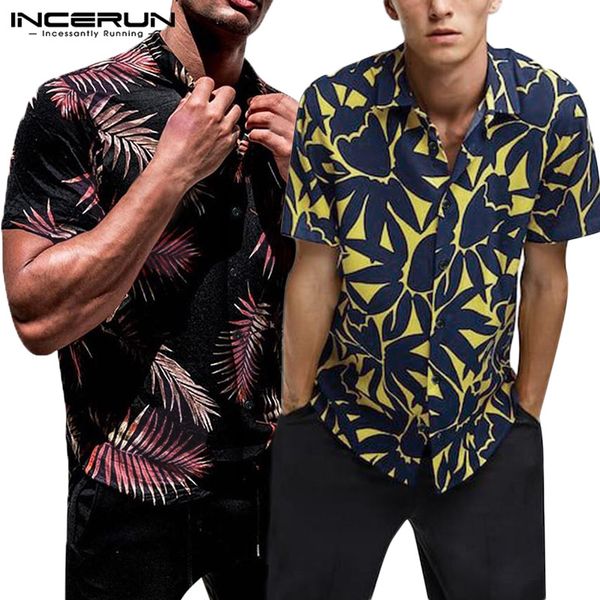 

incerun summer men fashion chic printed short sleeve lapel shirt comfort vacation hawaiian beach mens casual streetwear blouse, White;black