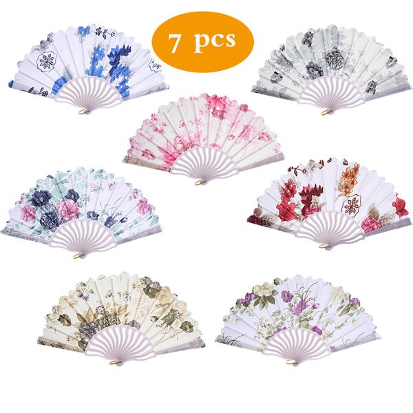 

7 pcs per lot chinese japanese folding fan dance pp plastic cloth fans colorful fans handwaaier wedding gifts for guests