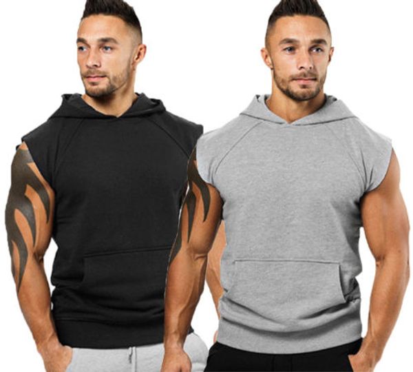 

men plain casual slim hoodie fit pocket pullover sleeveless sweatshirt vest, Black