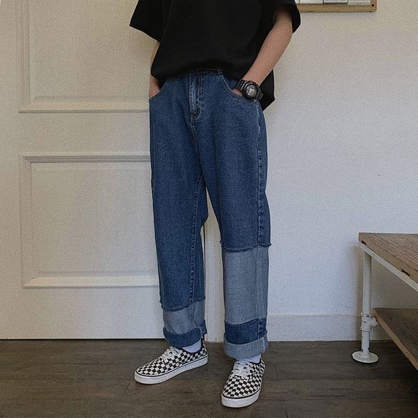 

autumn new jeans men fashion wash collision color hole patch denim trousers man streetwear wild hip hop loose straight jeans, Blue