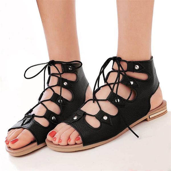 

agodor flat gladiator sandals women shoes 2020 summer lace up female shoes casual open toe roman sandalia feminina big size 41, Black
