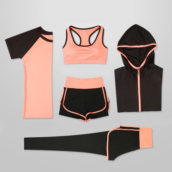 

oloey women 5 piece yoga set for running t-shirt fitness bra sports wear gym clothing women workout set sports suit y200328, Gray
