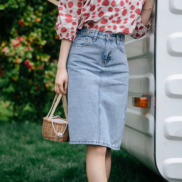 

pengpious fashion new denim skirt high waist women cotton skirt retro fashion wash wrap hip with split at hem, Black