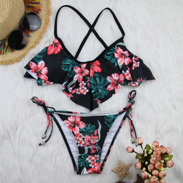 

2020 women swimwear ladies fashion bandage print bikini set push up brazilian print swimwear beachwear bikinis, White;black