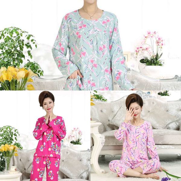 

yitls middle-aged and elderly women's silk long-sleeved trousers pajamas air-conditioned can be worn outside home air conditioning clot, Blue;red