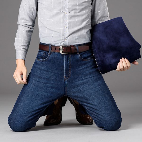 

winter mens jeans velvet jeans warm casual tall men's trousers stretch straight high long length pants thicken plus cashmere, Blue