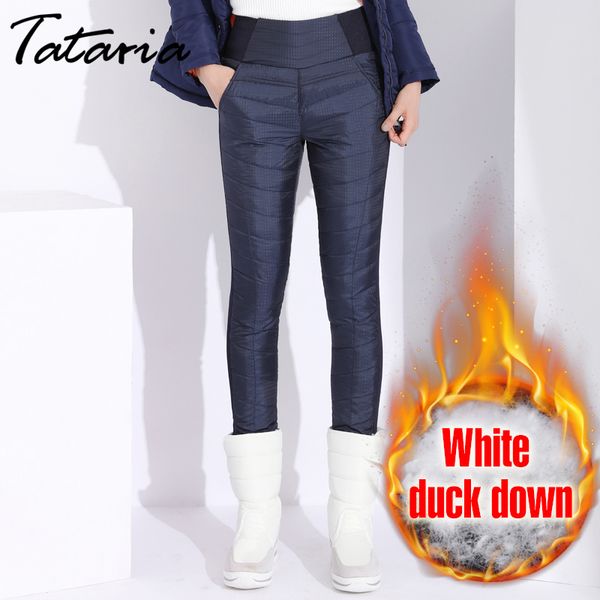 

winter duck down pants for women plus size black high waisted skinny velevt warm pants women's elastic casual pencil trousers, Black;white