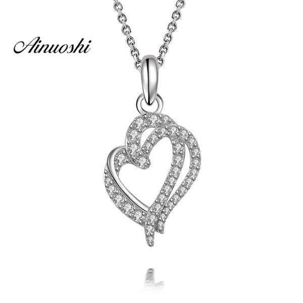 

ainuoshi 925 sterling silver pendant necklace for women double love heart original long chain necklace wedding collar de plata y200106