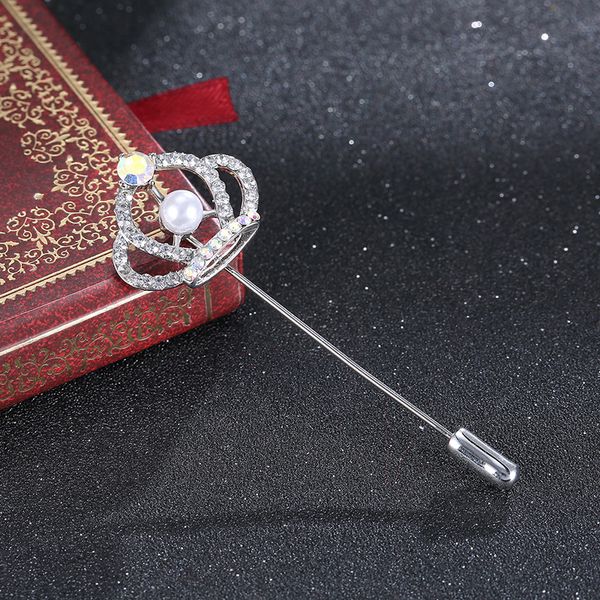 

fashion crystal crown brooch zircon metal lapel pin women wedding suit jewelry collar long needle men accessories gifts, Gray