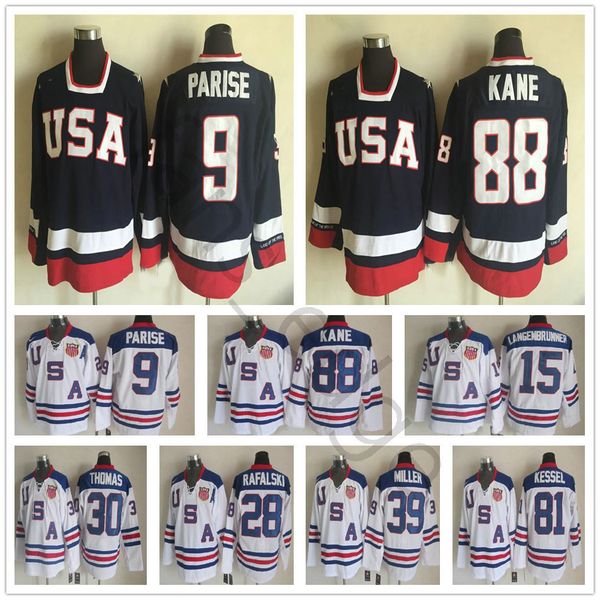 

2010 olympic team usa hockey jerseys 88 patrick kane 9 zach parise white blue 81 kessel 28 rafalski 39 miller 15 langenbrunner jersey, Black;red
