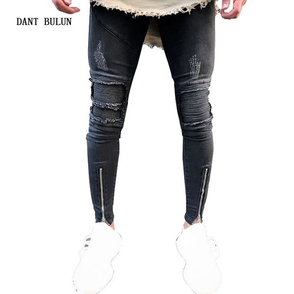 

men's jeans 2021 men fashion elastic skinny wrinkle in knee hip hop biker pants thigh ankle zipper male ripped trousers, Blue