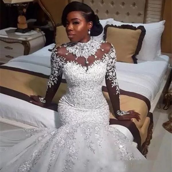 

luxury crystals african mermaid o-neck evening dresses 2020 zipper back long sleeve beaded cut-out bride dress vestido de noiva, White;black