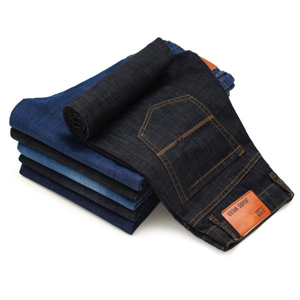 

2019 men brand jeans new slim fit business casual elastic denim pants male balck blue trousers