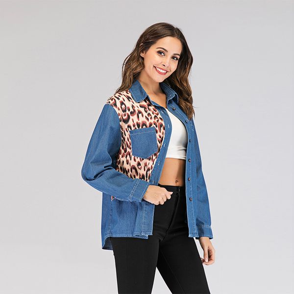 

womens denim jackets leopard printed womens coat with pocket casual loose long sleeve female new arrival, Black;brown