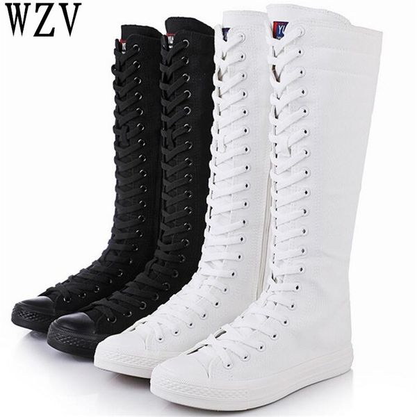 

fashion 2018 new spring autumn women shoes canvas casual high shoes long boots lace-up zipper comfortable flat boots d081, Black