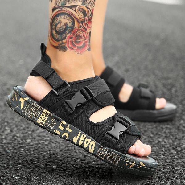 

fashion trendy buckle strap men shoes light weight breathable sandals rome beach flip flop outdoor loafer lazy men casual shoes, Black