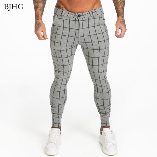 

bjhg mens chinos pants grey plaid 2020 skinny fit high waist skinny pants elastic waist stretchy chinos trousers, Black
