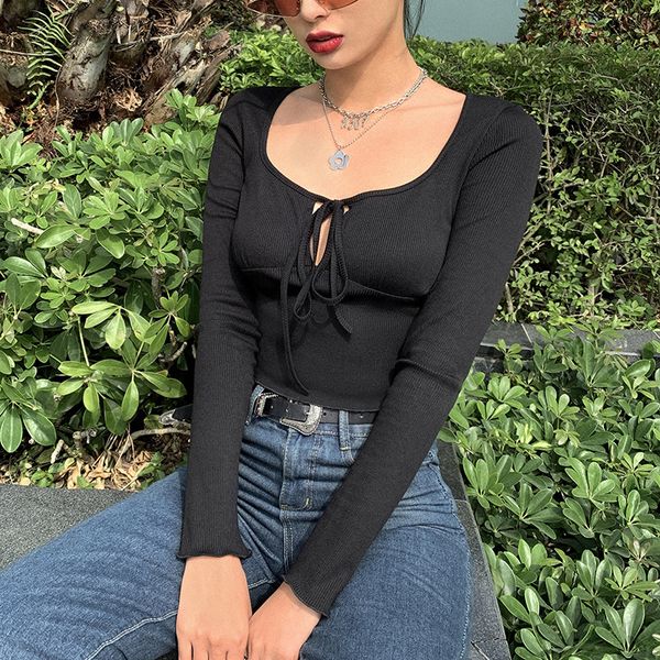 

2020 spring women fashion bow lace up long sleeve knitted t shirt slim fitness navel bare cropped tees black white clothes