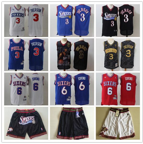 

mens philadelphia 76ers throwback jersey allen 3 iverson julius 6 erving basketball jersey basketball shorts black blue white, Black;red