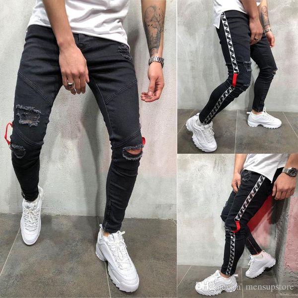 

mens black 19ss biker jeans ripped distressed spring summer pencil pants hombres jean pantalones, Blue