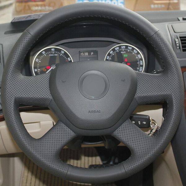 

black leather hand-stitched car steering wheel cover for skoda octavia fabia