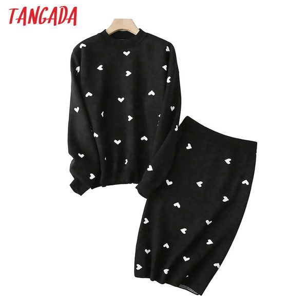 

tangada korea chic heart pattern knitted suit women skirt set autumn winter knitted suit 2 piece set sweet and skirt yu14, White