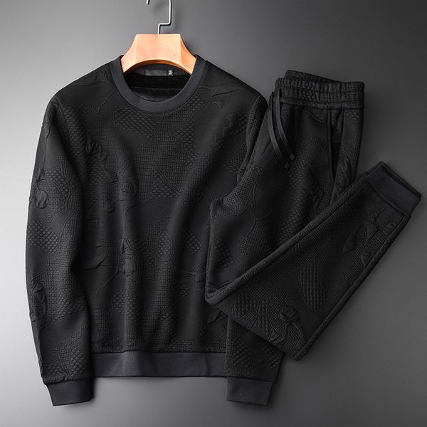 

sweatshirt men autumn and winter jacquard fabric add velvet black men sweatshirts with pants fashion slim fit sport set
