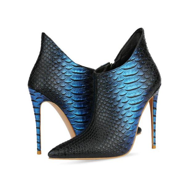 

snake print super high heel ankle boots faxu leather women boots fashion pointed toe zipper autumn winter ladies shoes, Black