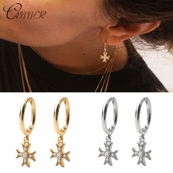

canner 925 solid sterling silver cross stud earring small hanging cubic zircon earring korean jewelry cartilage piercing earings, Golden;silver