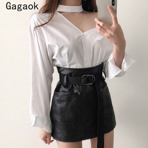 

gagaok women office lady shirt 2020 summer new solid skew collar long sleeves loose casual chic wild female and blouse, White