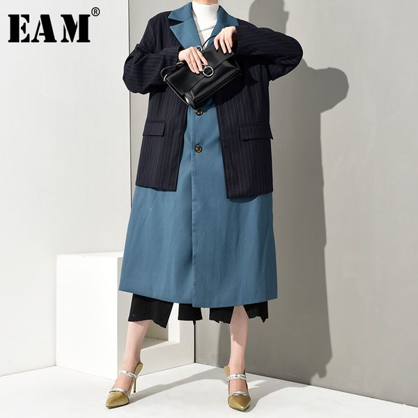 

eam] 2019 new autumn winter lapel long sleeve blue hit color striped split loose big size jacket women coat fashion jo1790, Black;brown