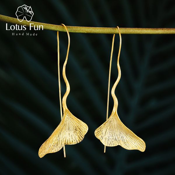 

lotus fun real 925 sterling silver earrings designer fine jewelry vintage 18k gold ginkgo leaf drop earrings for women brincos, Golden;silver