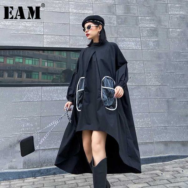 

eam] women blakc pocket split back long big size dress new stand collar long sleeve loose fit fashion tide spring autumn 2020, Black;gray