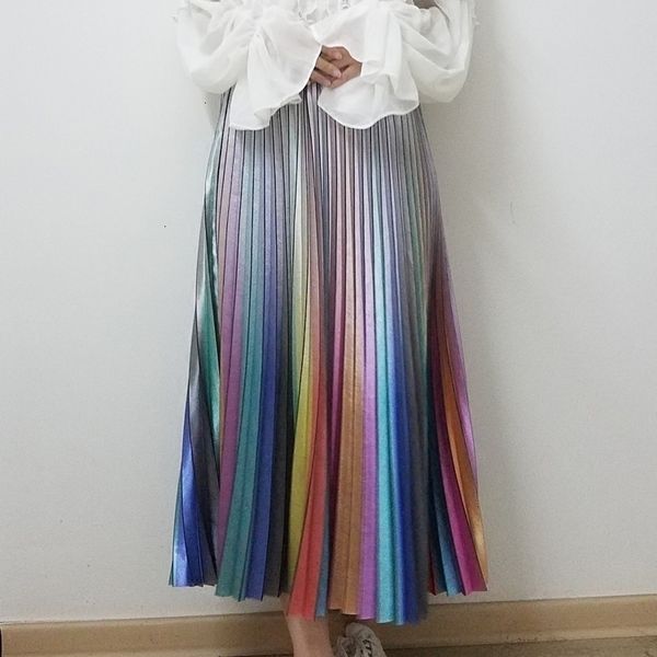 

women skirts long skirt long womens skirt summer skirts 2019 spring rainbow striped pleated skirt high waist glitter vestidos saia qh1739, Black