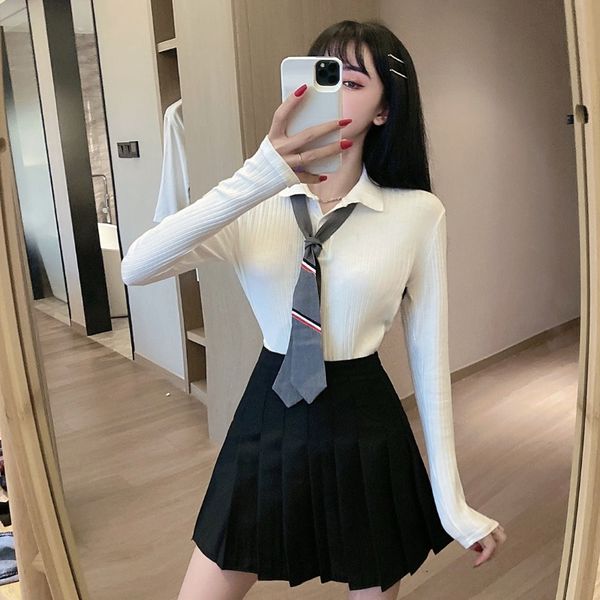 

2020 new fashion all-match slim sweater high waist pleated skirt academic style two-piece suit women, White