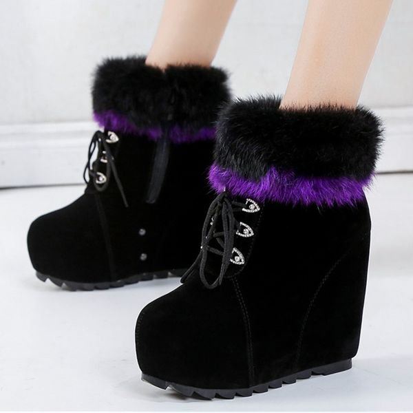 

ankle boots women suede fluffy fur zipper super high heels wedges snow boot winter rhinestone plush fashion plaform shoes ladies, Black